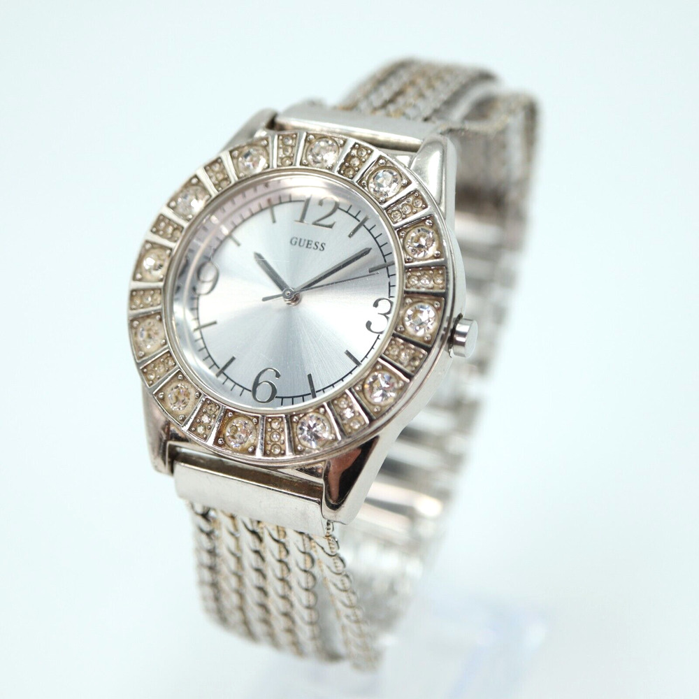 Guess Womens Watch 36mm Jewel Bezel Silver Tone Metal Braid Bracelet New Battery